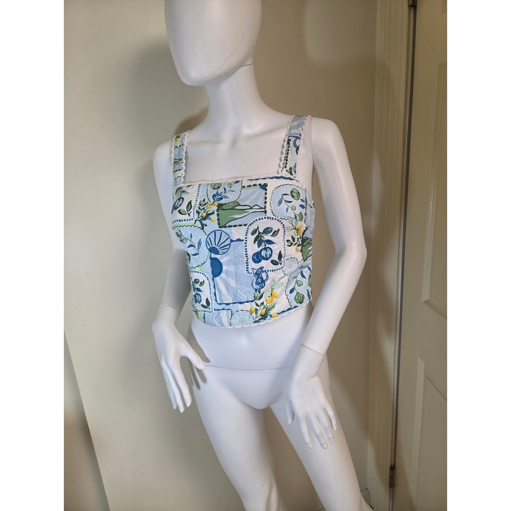 Francescas Blue White Lemon Tile Print Smocked Crop‎ Tank Top I2C118XFLD Small